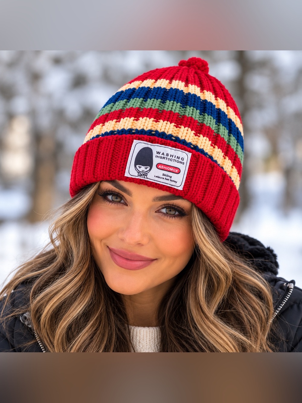 ❤️💙💚 Cozy Striped Pom Pom Beanie – New With Tag! 💚💙❤️